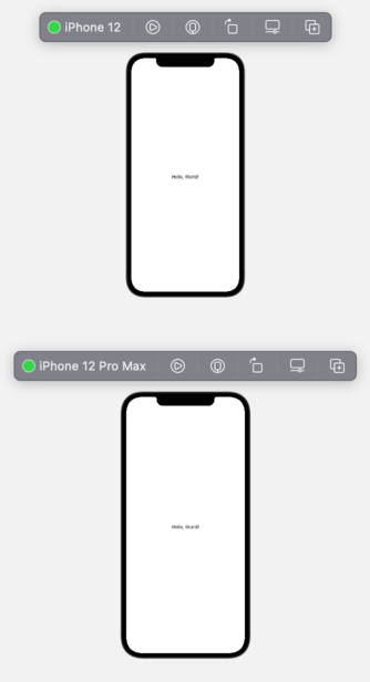 Xcode showing Previews on an iPhone 12 and an iPhone 12 Pro Max.